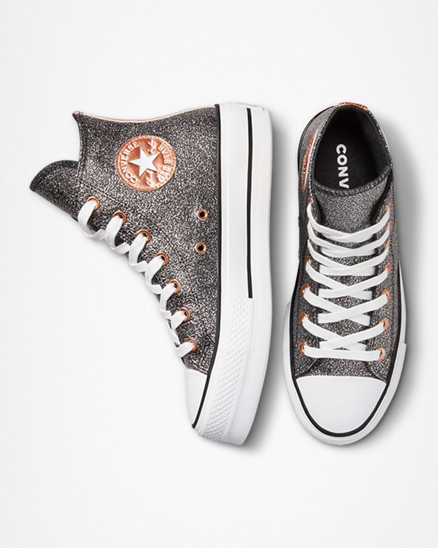 Pantofi Platforma Dama Converse Chuck Taylor All Star Lift Metallic Glitter Inalti Negrii Cupru Albi | RO QDTYW064